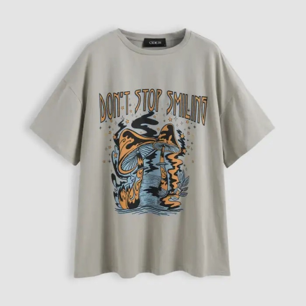 Cider Don't Stop Smiling Graphic Tee with mushrooms
